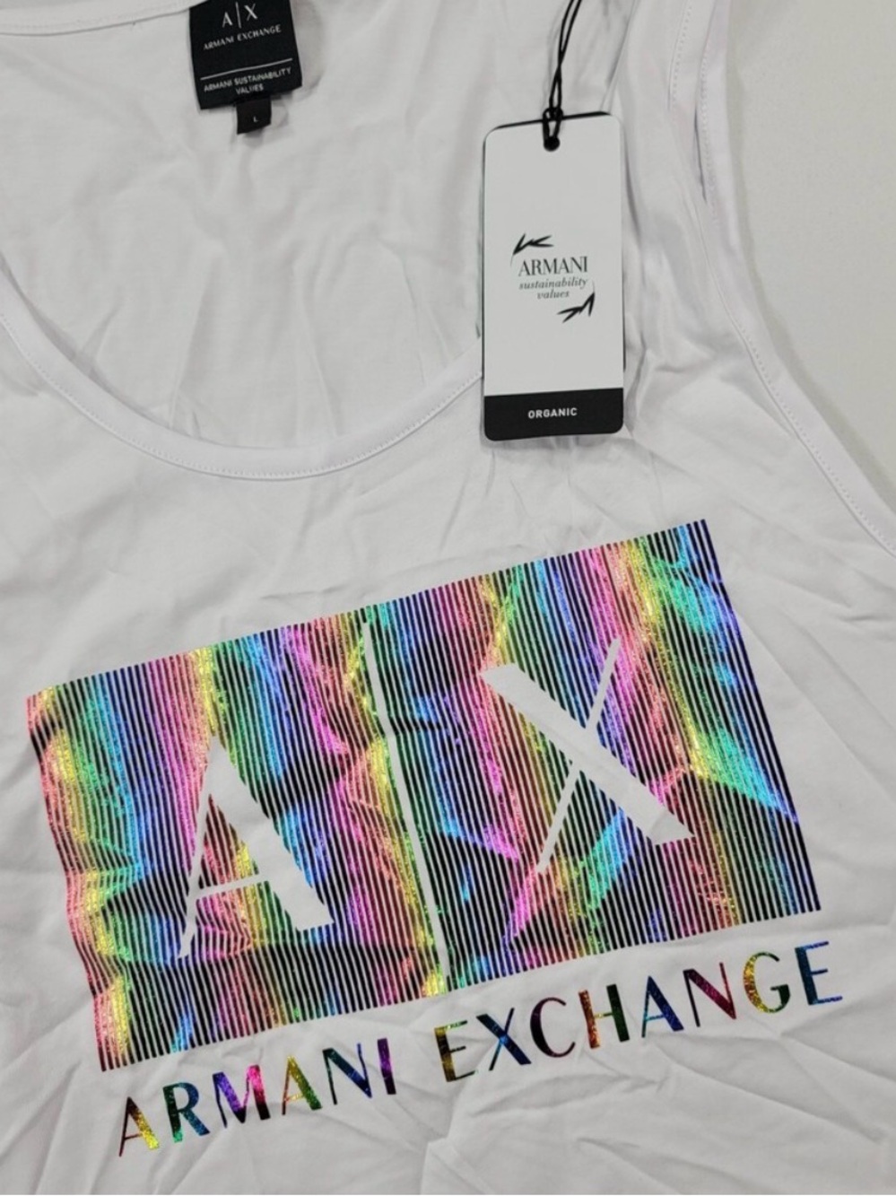 Armani Exchange White Tank with Rainbow Holographic Logo
